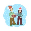 boy and gifts, a boy gives gifts, a sweater with an ornament pattern, a snowman, a girl and a boy decorate a Christmas tree